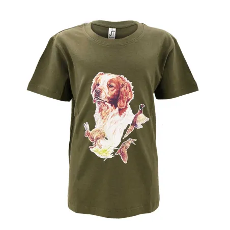 T-shirt enfant épagneul chasse kaki 6-12 ans coton