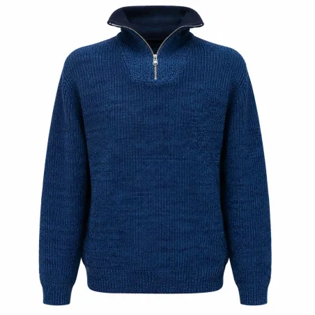 Pull homme col montant indigo - Manches longues zippées