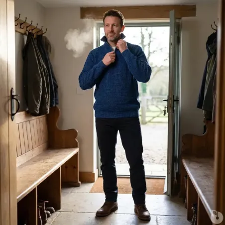 Pull homme col montant indigo - Manches longues zippées