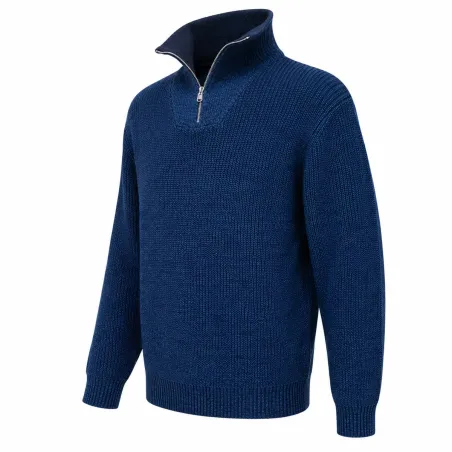Pull homme col montant indigo - Manches longues zippées