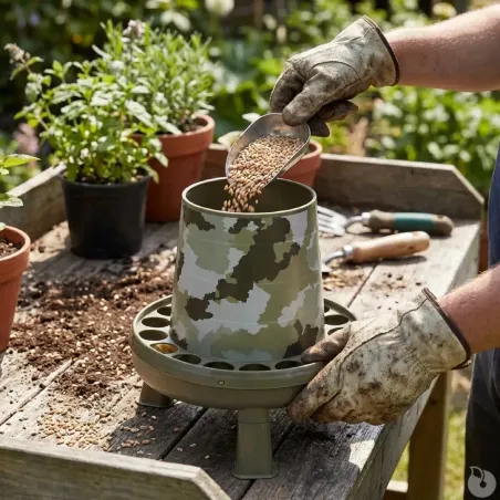 10 mangeoires camo 4kg sur pieds Ø33cm - élevage volailles