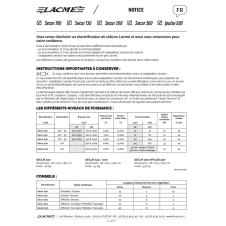 Électrificateur Secur 500 5J - Autonome 12V 15kV - LACME