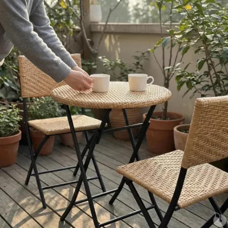 Set bistrot Ø61cm + 2 chaises osier - Acier noir extérieur