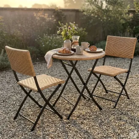 Set bistrot Ø61cm + 2 chaises osier - Acier noir extérieur