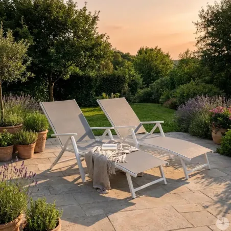 Chaise longue alu blanc 175 cm - Toile textilène résistante