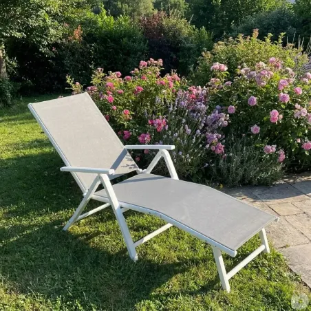 Chaise longue alu blanc 175 cm - Toile textilène résistante