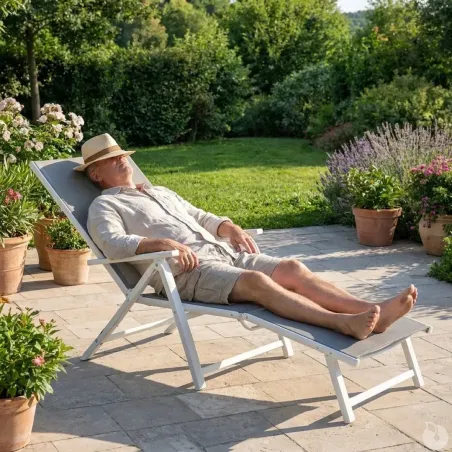 Chaise longue alu blanc 175 cm - Toile textilène résistante