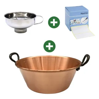 Kit confitures maison : bassine cuivre + entonnoir + 500 étiquettes