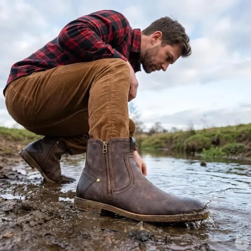 Bottines homme mi-hautes marron à zip en synthétique