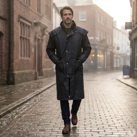Manteau long ciré Walker & Hawkes Stockman Navy en coton ciré épais