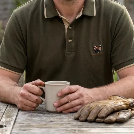 Polo chasse kaki brodé sanglier - Coton piqué S à 3XL