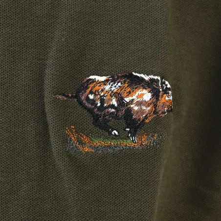 Polo chasse kaki brodé sanglier - Coton piqué S à 3XL