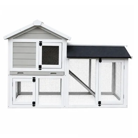 Clapier Lapin Boisparc Blanc & Gris - 147x53x85cm avec Parc Grillagé
