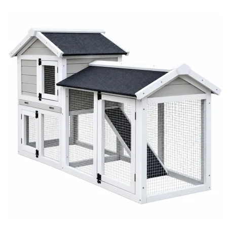 Clapier Lapin Boisparc Blanc & Gris - 147x53x85cm avec Parc Grillagé