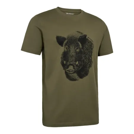 T-shirt Deerhunter Jaxon kaki motif sanglier, coton 160 g/m²
