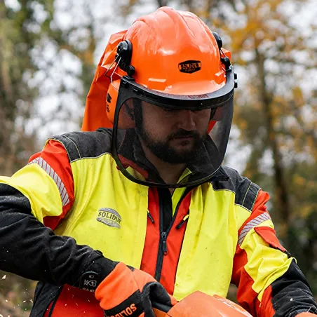 Casque forestier orange complet avec visière et protection