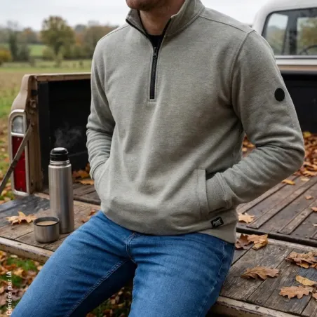 Sweat Saïka gris homme col zippé intérieur doux