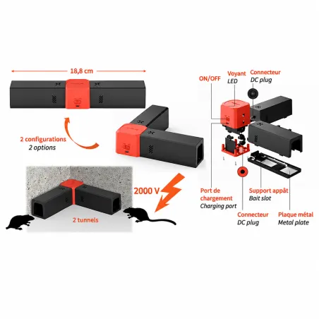 Piège électrique à rongeurs USB 2 tunnels 2000V