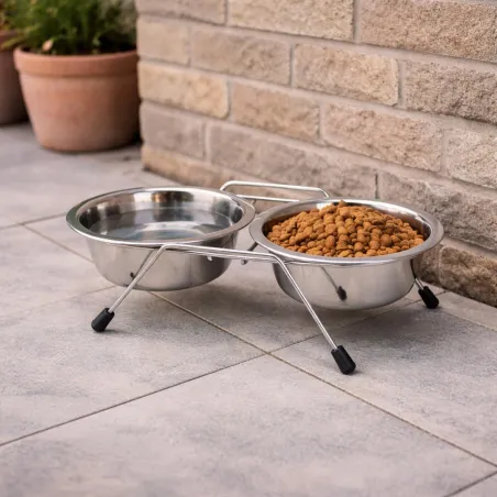 2 gamelles inox avec support pour chien Ø16 cm