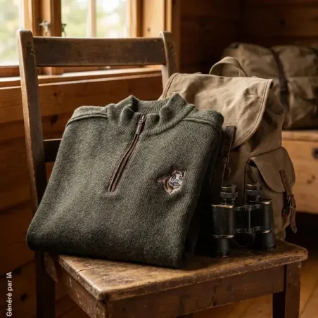 Pull col zippé brodé sanglier marron en laine et acrylique