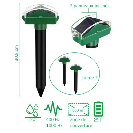 2 Répulsifs solaires ultrasons taupes - 650m² - Étanche