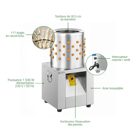 Plumeuse humide inox 117 doigts, tambour Ø 30,5 cm, 1 500 W