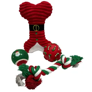 Coffret jouets Noël chien - Peluches, balles & corde 50cm