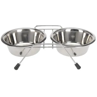 Lot de 2 gamelles inox pour chien avec support 16 cm