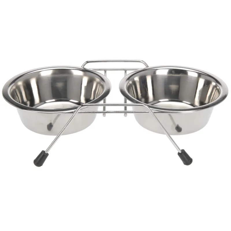 Lot de 2 gamelles inox pour chien avec support 16 cm