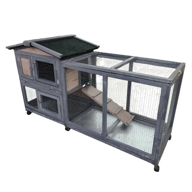 Clapier mobile bois avec parc pour lapin - Gris 150x55x86 cm