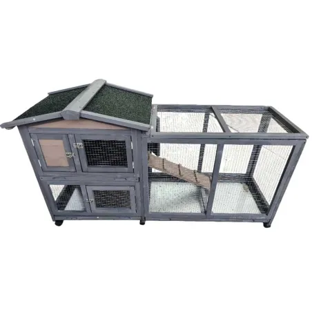Clapier mobile bois avec parc pour lapin - Gris 150x55x86 cm
