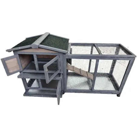 Clapier mobile bois avec parc pour lapin - Gris 150x55x86 cm