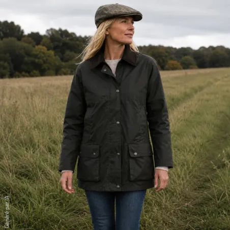 Veste femme coton ciré vert olive pour extérieur