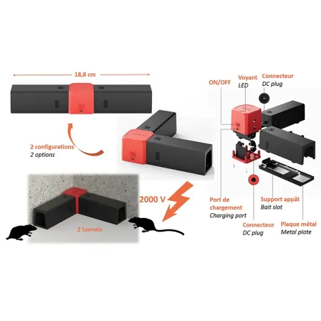 Piège électrique USB 2000V - 2 tunnels - Anti-rongeurs
