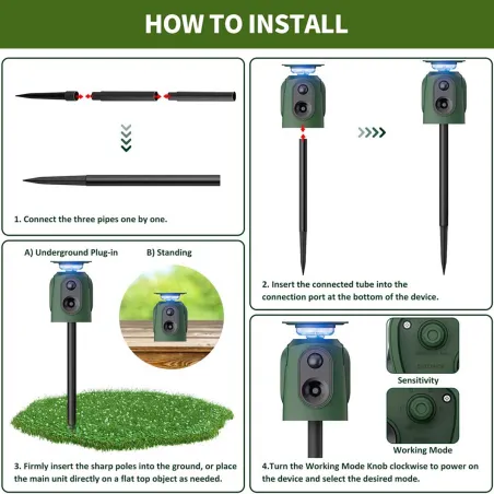 Répulsif solaire ultrasons 360° - Étanche IP65 - Anti-nuisibles