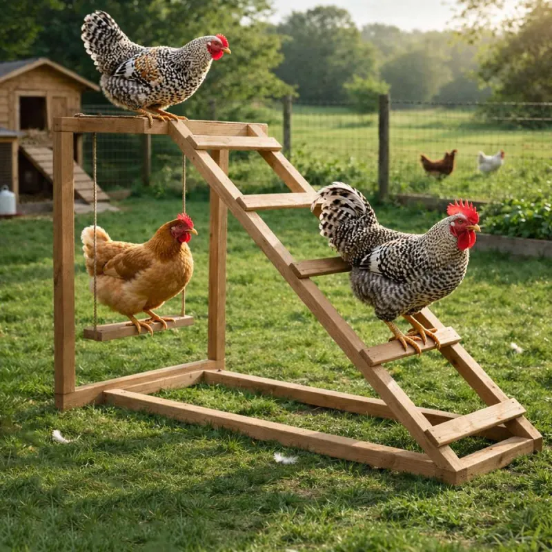 Perchoir bois avec échelle et balançoire pour poules