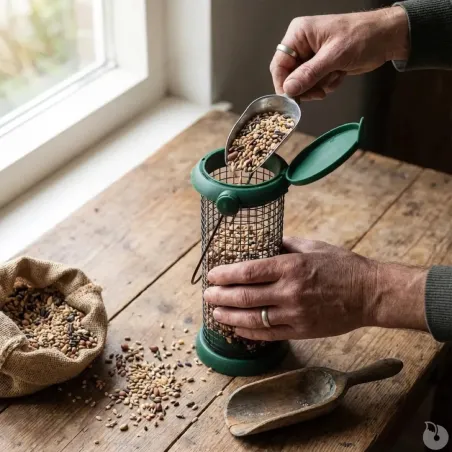 Distributeur de graines métal Ø9x20cm pour oiseaux