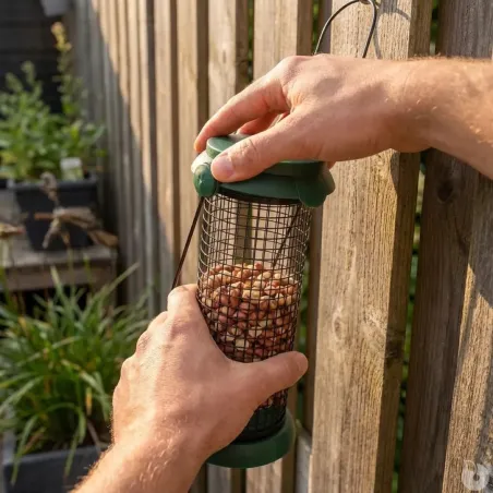 Distributeur de graines métal Ø9x20cm pour oiseaux
