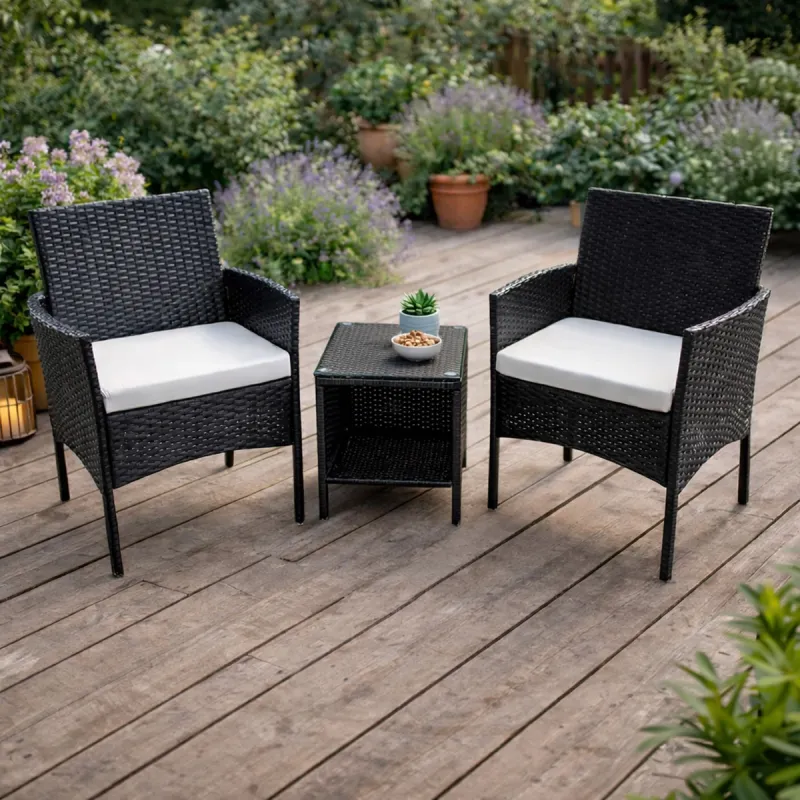 Salon jardin 2 fauteuils & table basse tressée noire