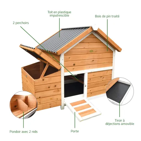 Poulailler 3 poules bois + enclos sécurisé toit plastique