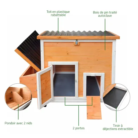 Poulailler Hefa+ 6 poules - Pin traité et toit plastique