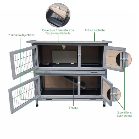 Clapier bois 2 étages pour lapins gris 91,5x45x81,4 cm