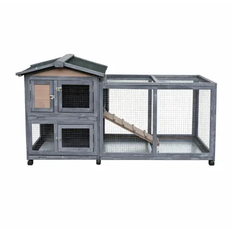 Clapier mobile bois avec parc pour lapin - Gris 150x55x86 cm