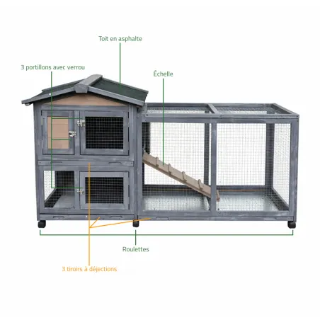 Clapier mobile bois avec parc pour lapin - Gris 150x55x86 cm