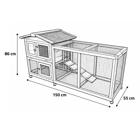 Clapier mobile bois avec parc pour lapin - Gris 150x55x86 cm