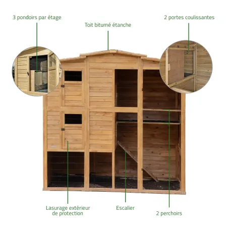 Poulailler bois 2 niveaux 10-15 poules 222x115x200 cm