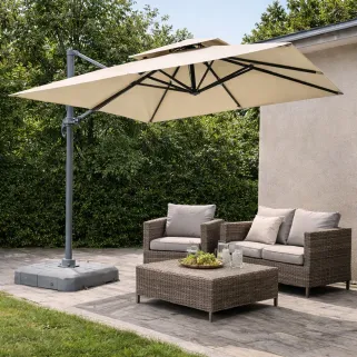 Parasol carré déporté pivotant alu toile 220 g/m² beige 3 X 3 M pied inclus