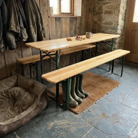 Ensemble 2 tables + 4 bancs pin massif 177 cm extérieur