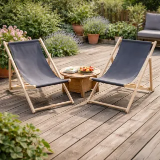 Lot de 2 chiliennes en toile coton gris - Bois de pin