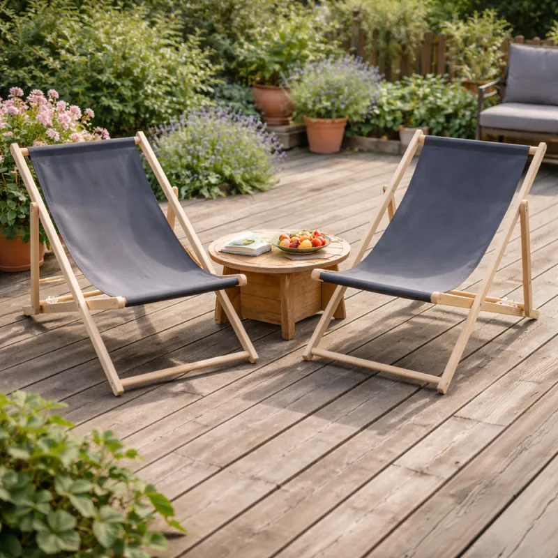 Lot de 2 chiliennes en toile coton gris - Bois de pin